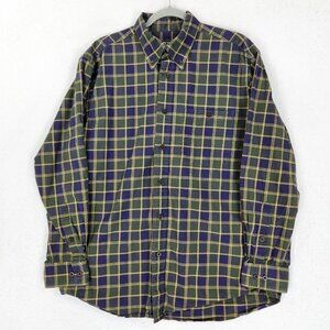 Orvis Shirt Mens Large Green Blue Signature Twill Plaid Button Front Cotton